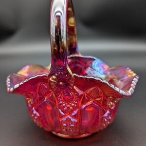 L.E. Smith Ruby Red Iridescent Quintec Carnival Glass Basket Excellent Condition